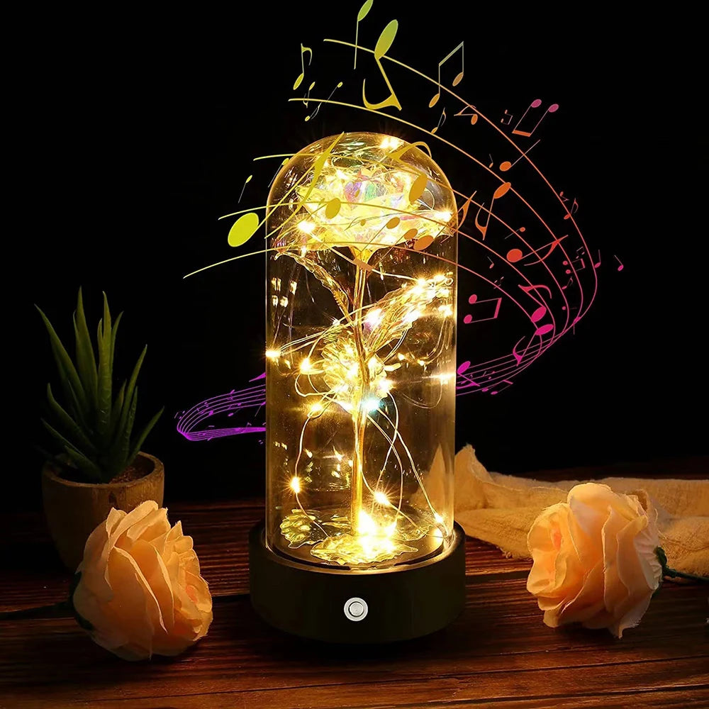 Beauty and The Beast Rose Music Box with LED lights in a glass dome, symbolizing eternal love and romance.