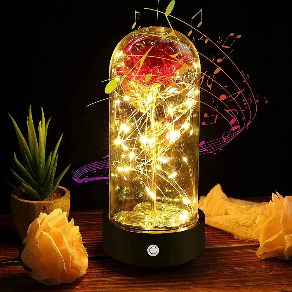 Beauty and The Beast Rose Music Box with LED lights in a glass dome, symbolizing eternal love and romance.