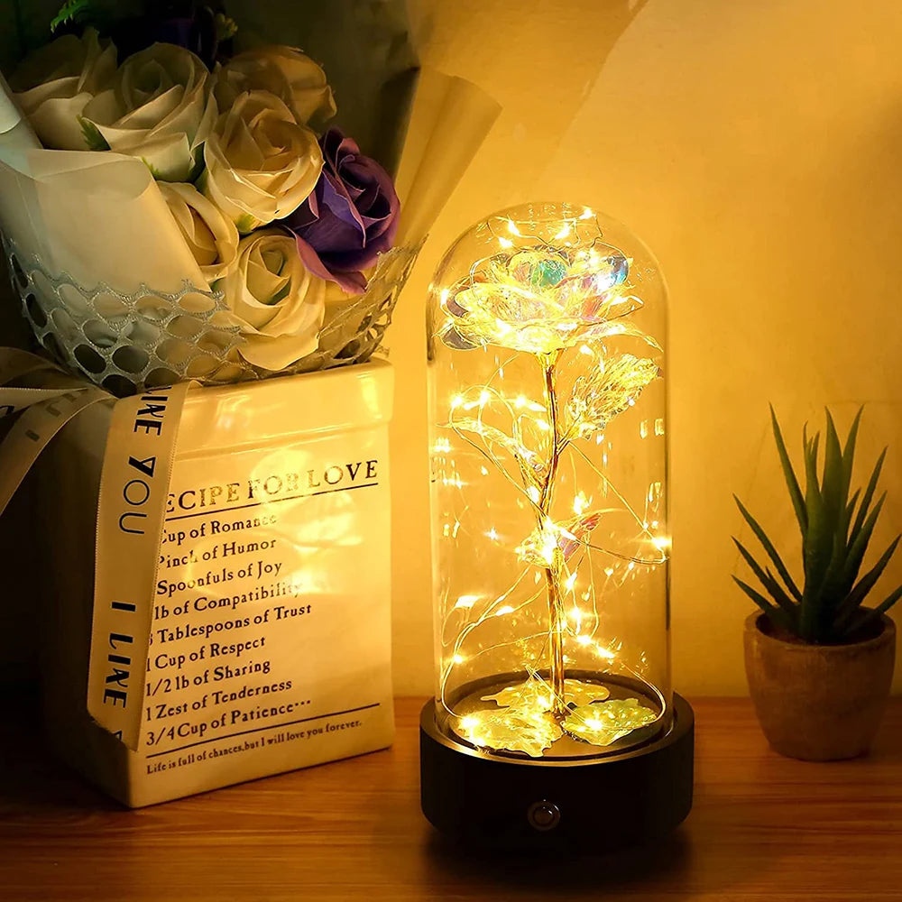 Beauty and The Beast Rose Music Box with LED lights in a glass dome, symbolizing eternal love and romance.