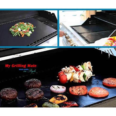 My Grilling Mate non-stick grilling mats on a barbecue grill, showcasing their flat surface and perfect grill marks.