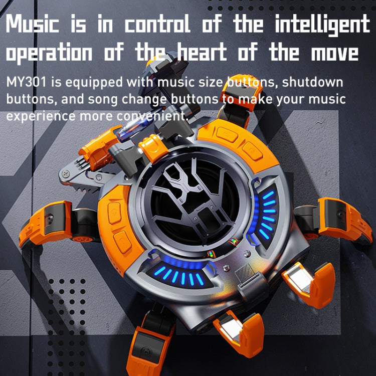 MY-301 Mechanical RGB Light TWS Wireless Bluetooth Speaker in vibrant orange color with RGB lighting effects.