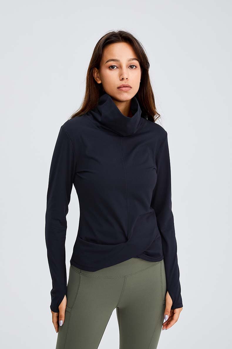 Women wearing a Naked Feel Turtle Neck Yoga Long Sleeve Shirt in a fitness setting, showcasing its stylish design and thumb hole feature.