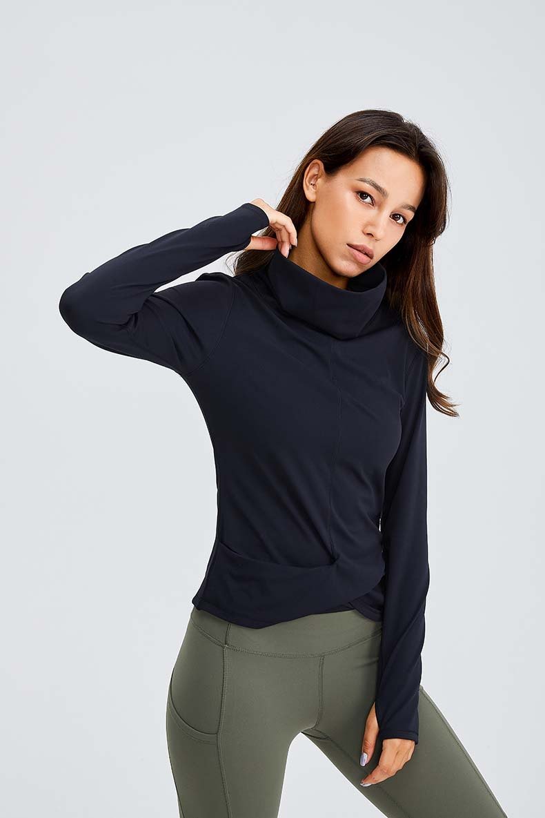 Women wearing a Naked Feel Turtle Neck Yoga Long Sleeve Shirt in a fitness setting, showcasing its stylish design and thumb hole feature.