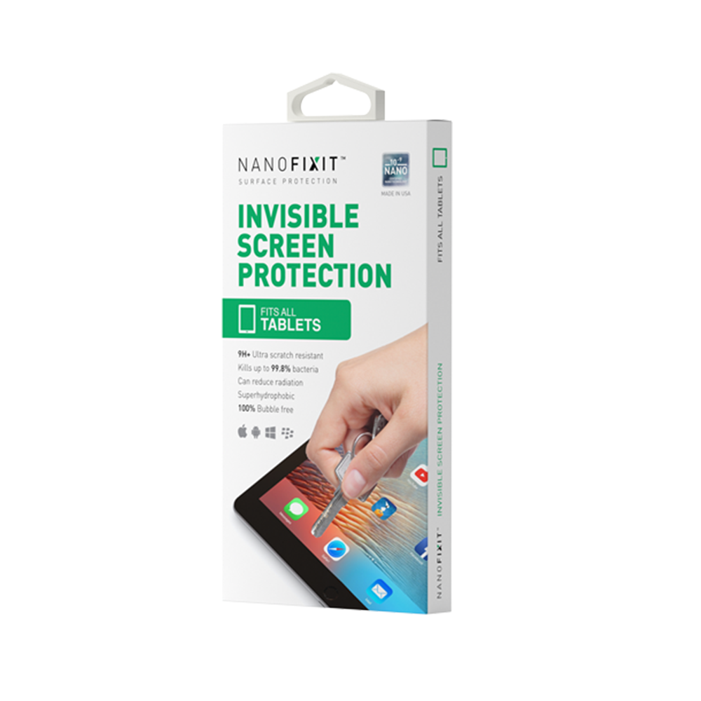 NanoFixIt ONE for Tablets, a nano liquid screen protector, showcasing its application on a tablet screen.