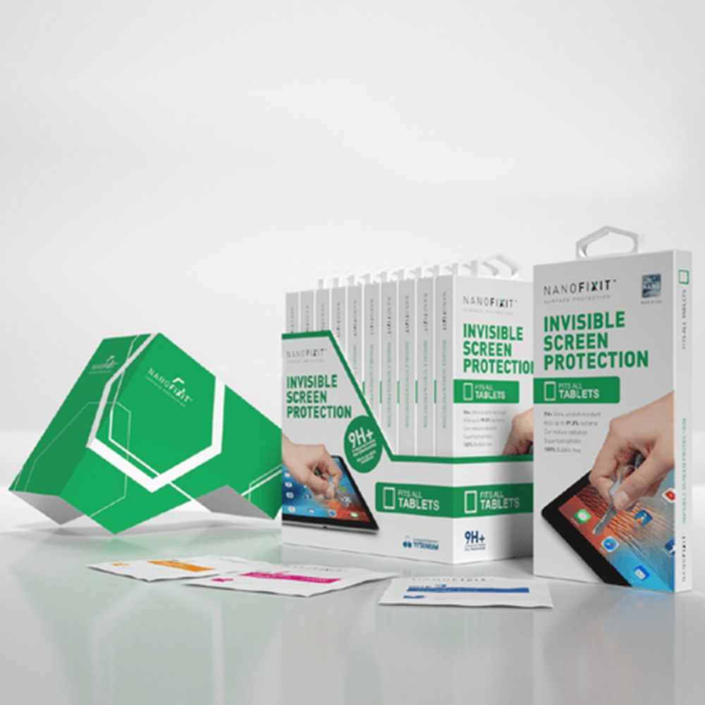 NanoFixIt ONE for Tablets, a nano liquid screen protector, showcasing its application on a tablet screen.