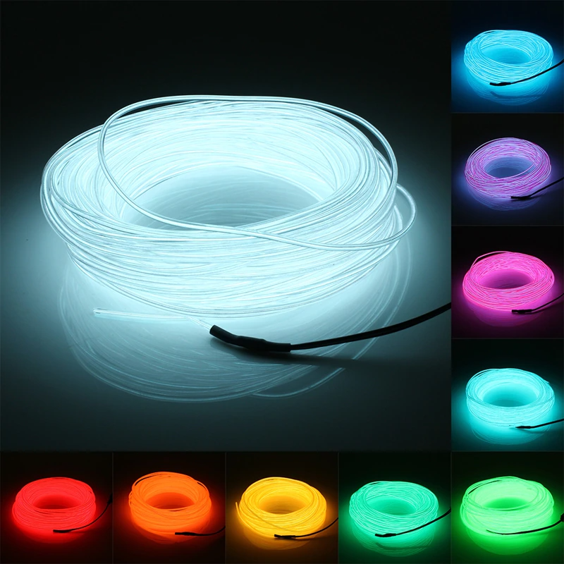 Neon LED Light Glow EL Wire String Strip in various colors, showcasing flexibility and vibrant illumination for decoration.