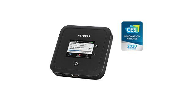 NETGEAR Nighthawk M5 5G Mobile Router with Wi-Fi 6 technology, featuring a sleek black design and a color LCD touch screen.
