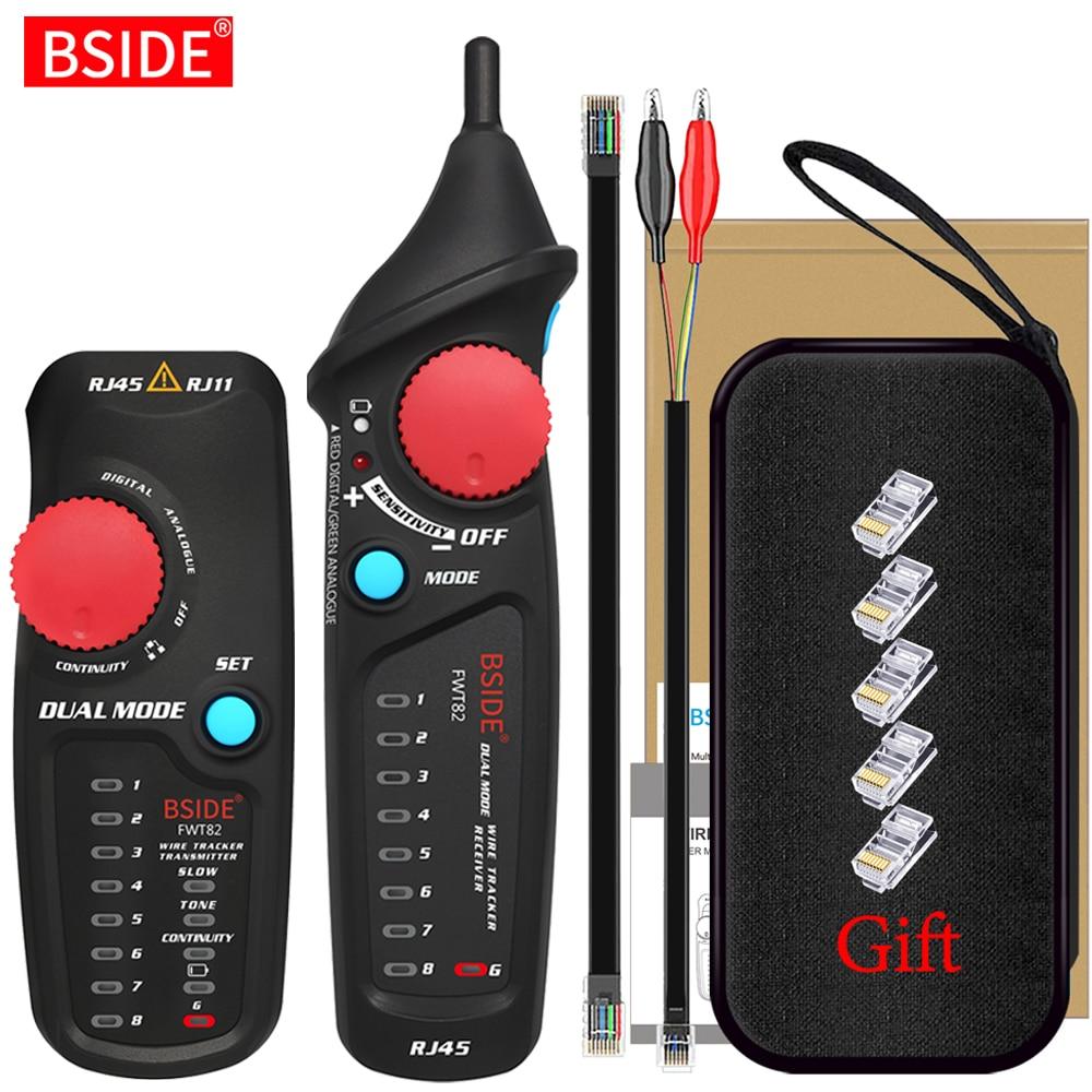 Network Cable Tracker Wire Tester FWT82 with RJ45 and RJ11 connectors, showcasing its compact design and testing capabilities.