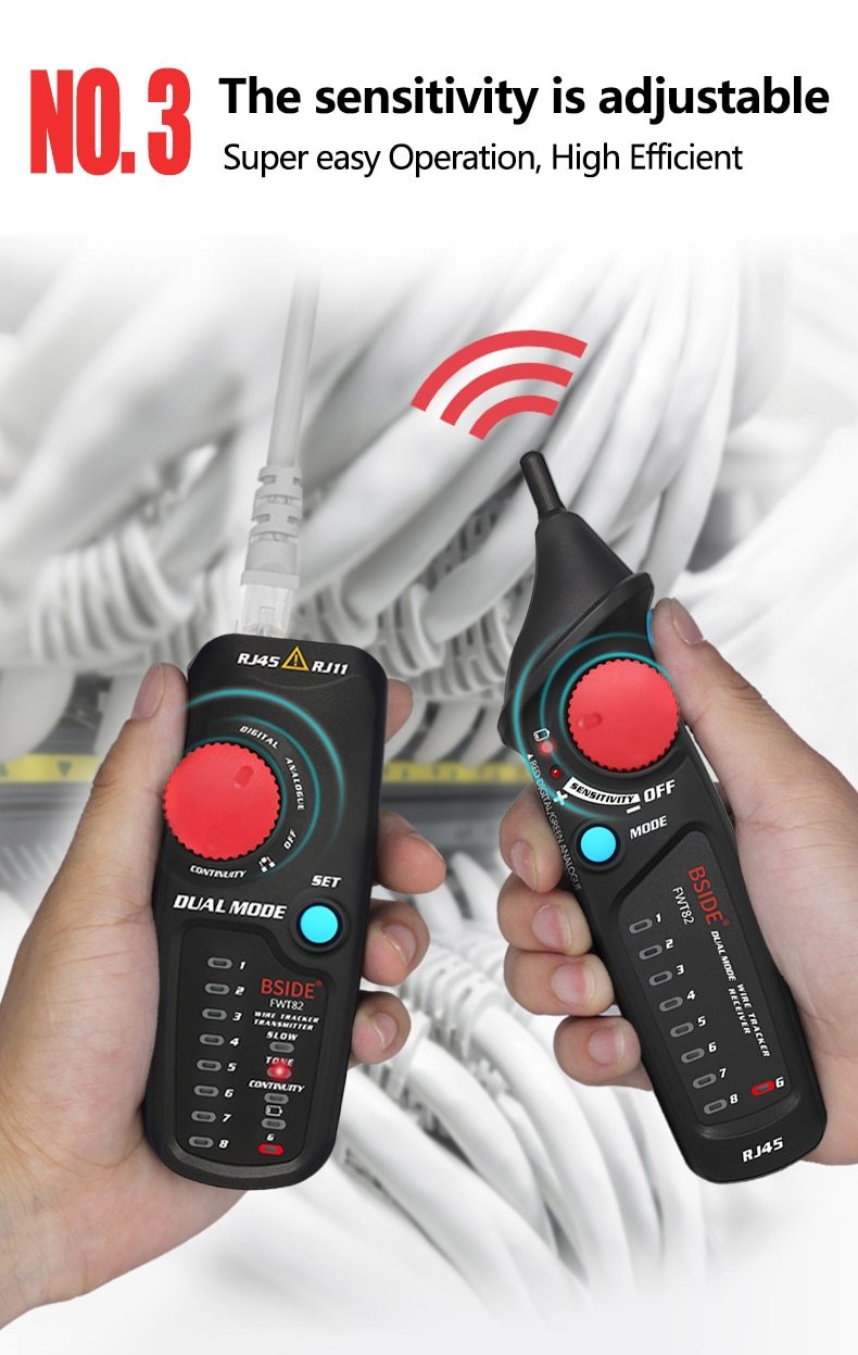 Network Cable Tracker Wire Tester FWT82 with RJ45 and RJ11 connectors, showcasing its compact design and testing capabilities.