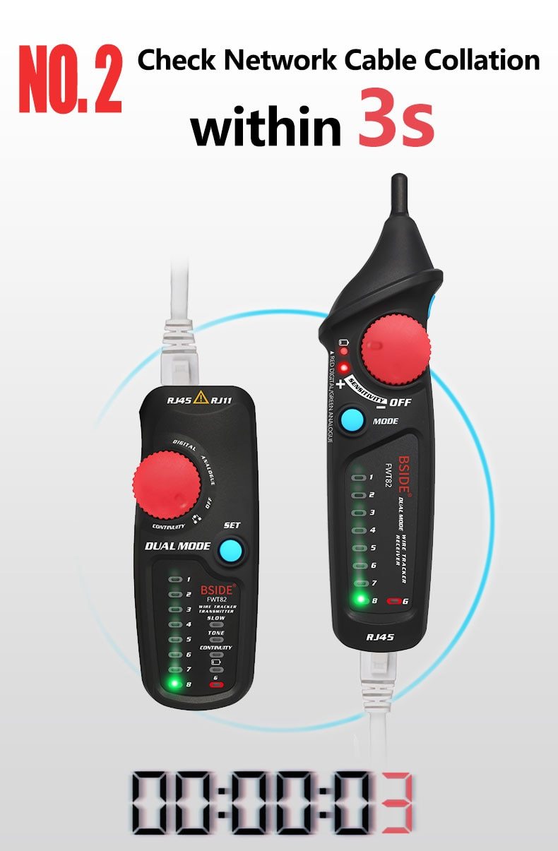 Network Cable Tracker Wire Tester FWT82 with RJ45 and RJ11 connectors, showcasing its compact design and testing capabilities.