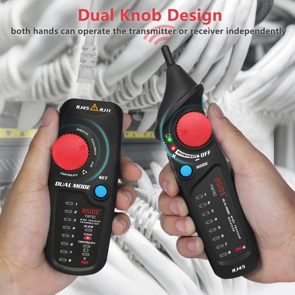 Network Cable Tracker Wire Tester FWT82 with RJ45 and RJ11 connectors, showcasing its compact design and testing capabilities.
