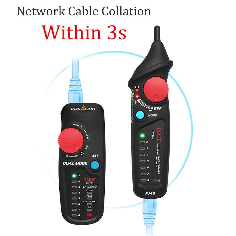Network Cable Tracker Wire Tester FWT82 with RJ45 and RJ11 connectors, showcasing its compact design and testing capabilities.