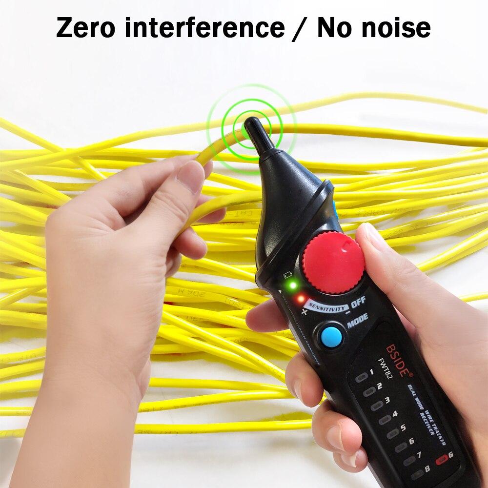 Network Cable Tracker Wire Tester FWT82 with RJ45 and RJ11 connectors, showcasing its compact design and testing capabilities.