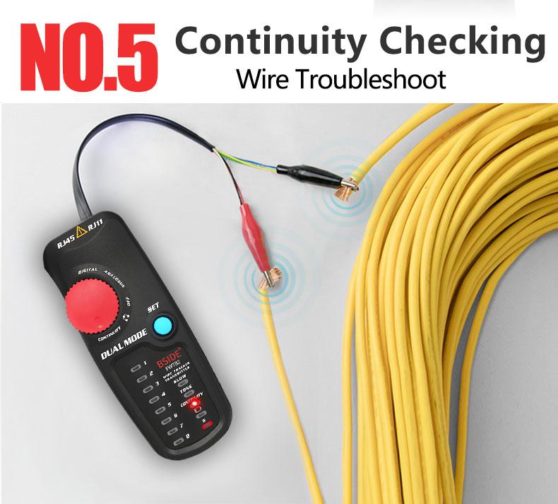 Network Cable Tracker Wire Tester FWT82 with RJ45 and RJ11 connectors, showcasing its compact design and testing capabilities.