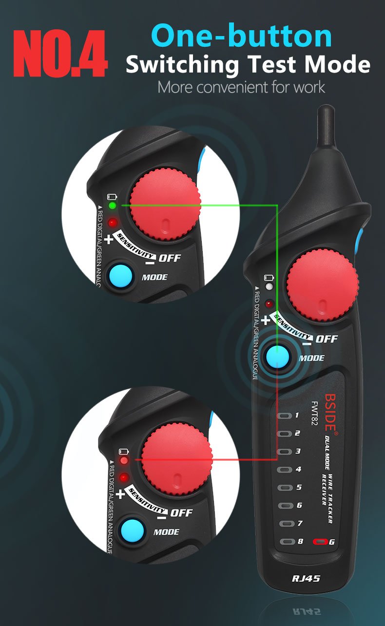 Network Cable Tracker Wire Tester FWT82 with RJ45 and RJ11 connectors, showcasing its compact design and testing capabilities.
