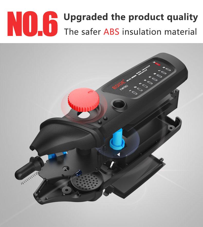 Network Cable Tracker Wire Tester FWT82 with RJ45 and RJ11 connectors, showcasing its compact design and testing capabilities.