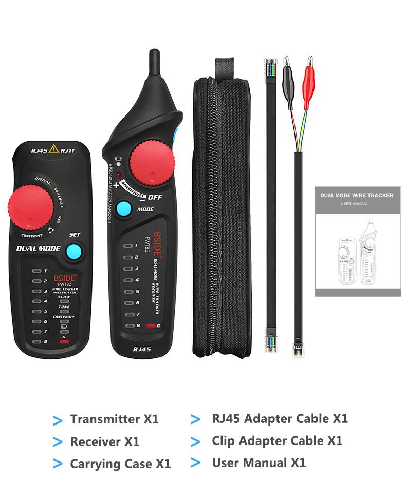 Network Cable Tracker Wire Tester FWT82 with RJ45 and RJ11 connectors, showcasing its compact design and testing capabilities.