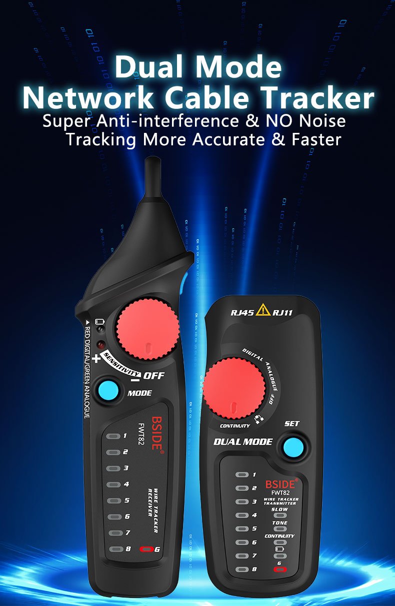 Network Cable Tracker Wire Tester FWT82 with RJ45 and RJ11 connectors, showcasing its compact design and testing capabilities.