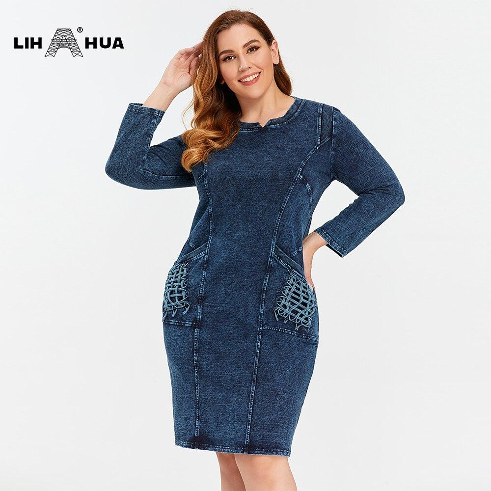 A stylish plus size denim dress featuring a slim fit, knee-length design, and three-quarter sleeves, perfect for casual autumn wear.