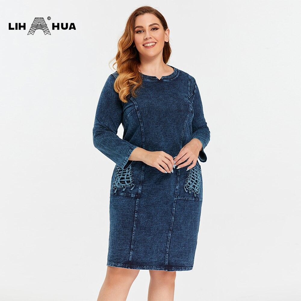 A stylish plus size denim dress featuring a slim fit, knee-length design, and three-quarter sleeves, perfect for casual autumn wear.