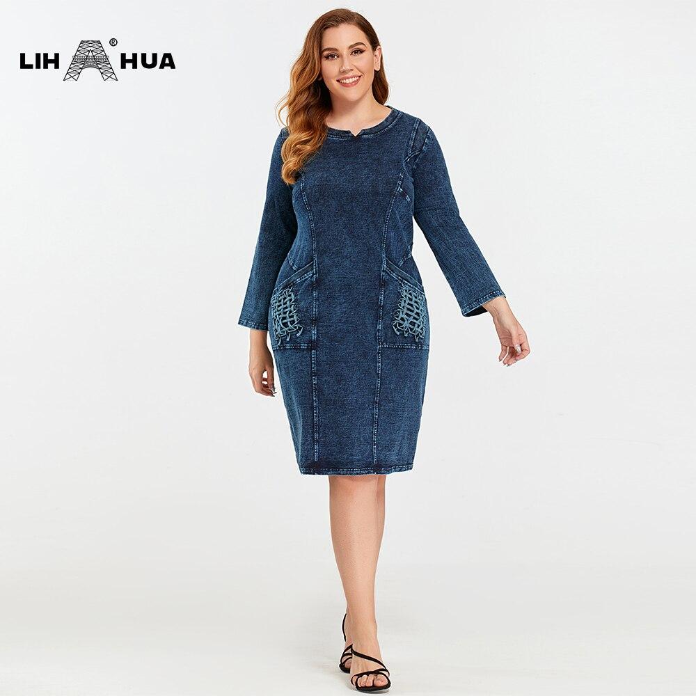 A stylish plus size denim dress featuring a slim fit, knee-length design, and three-quarter sleeves, perfect for casual autumn wear.