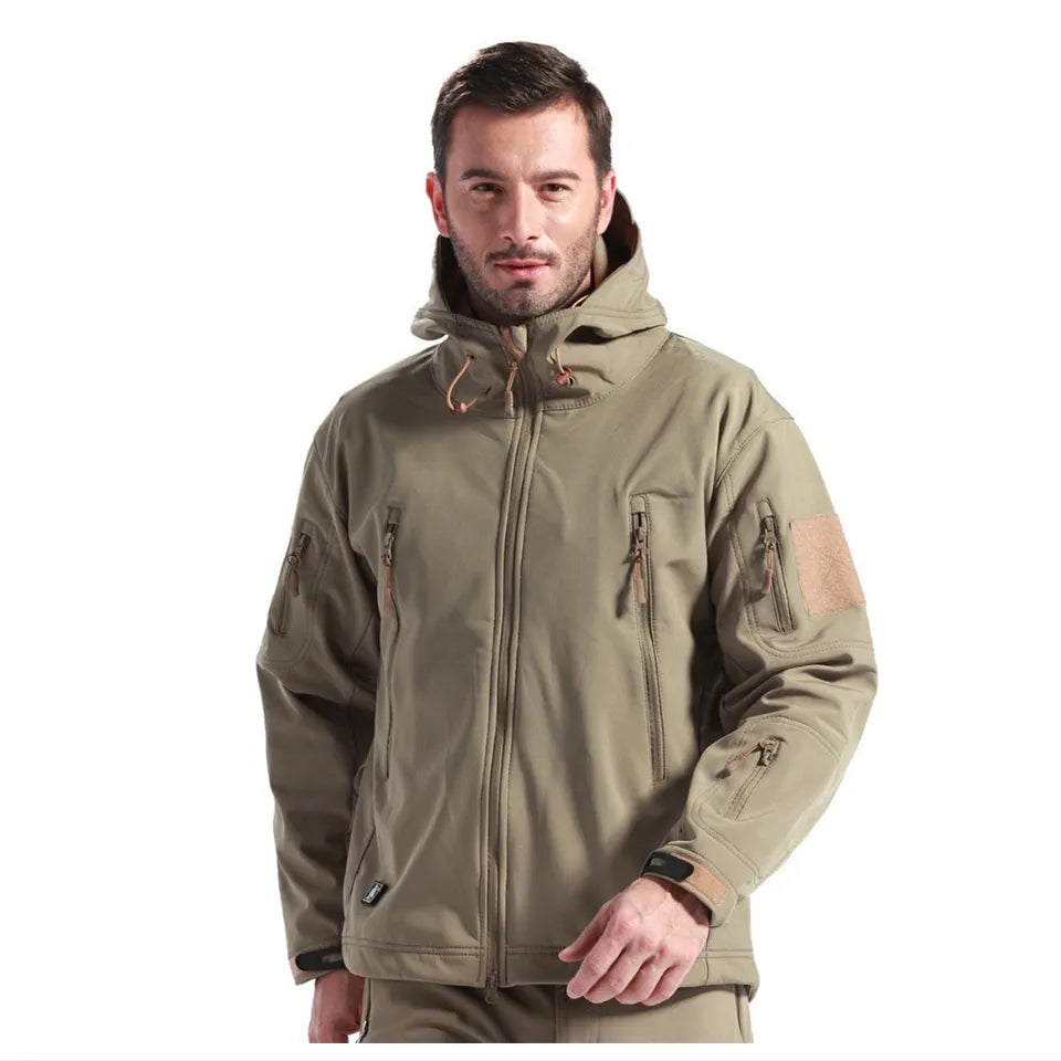 Men's tactical softshell camouflage hiking jacket, showcasing waterproof and windproof features, ideal for outdoor activities.