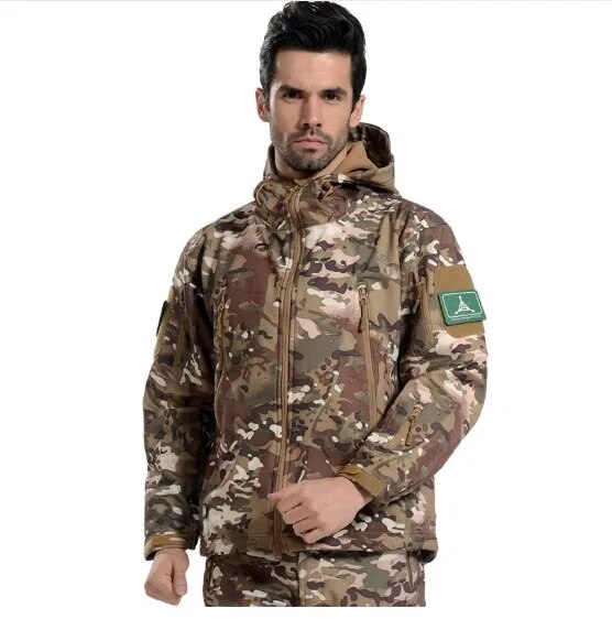 Men's tactical softshell camouflage hiking jacket, showcasing waterproof and windproof features, ideal for outdoor activities.