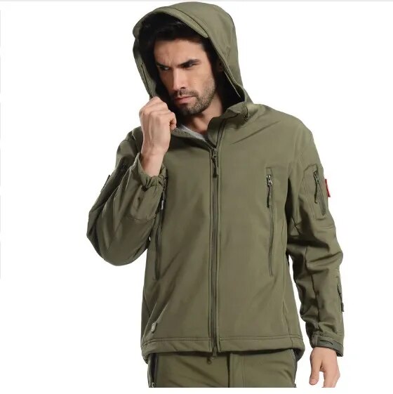Men's tactical softshell camouflage hiking jacket, showcasing waterproof and windproof features, ideal for outdoor activities.