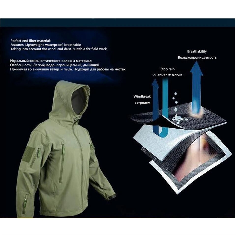 Men's tactical softshell camouflage hiking jacket, showcasing waterproof and windproof features, ideal for outdoor activities.