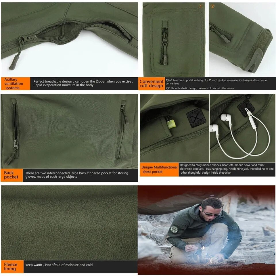 Men's tactical softshell camouflage hiking jacket, showcasing waterproof and windproof features, ideal for outdoor activities.