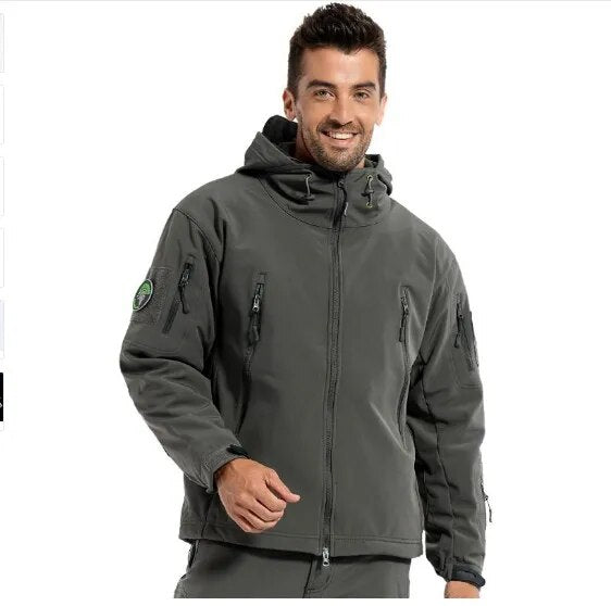 Men's tactical softshell camouflage hiking jacket, showcasing waterproof and windproof features, ideal for outdoor activities.