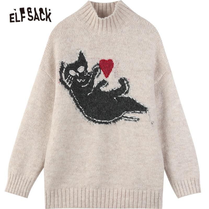 New Yew Cat Jacquard Casual Knit Pullover Sweater for women in red, white, and navy blue, featuring a playful cat design and turtleneck.