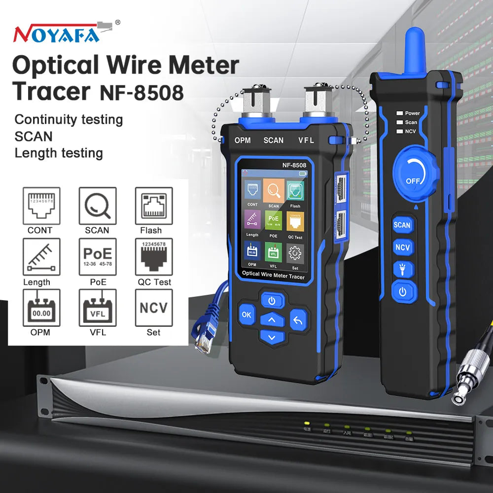 NF-8508 Network Cable Tester with LCD display and various testing functions, including PoE and optical power meter capabilities.