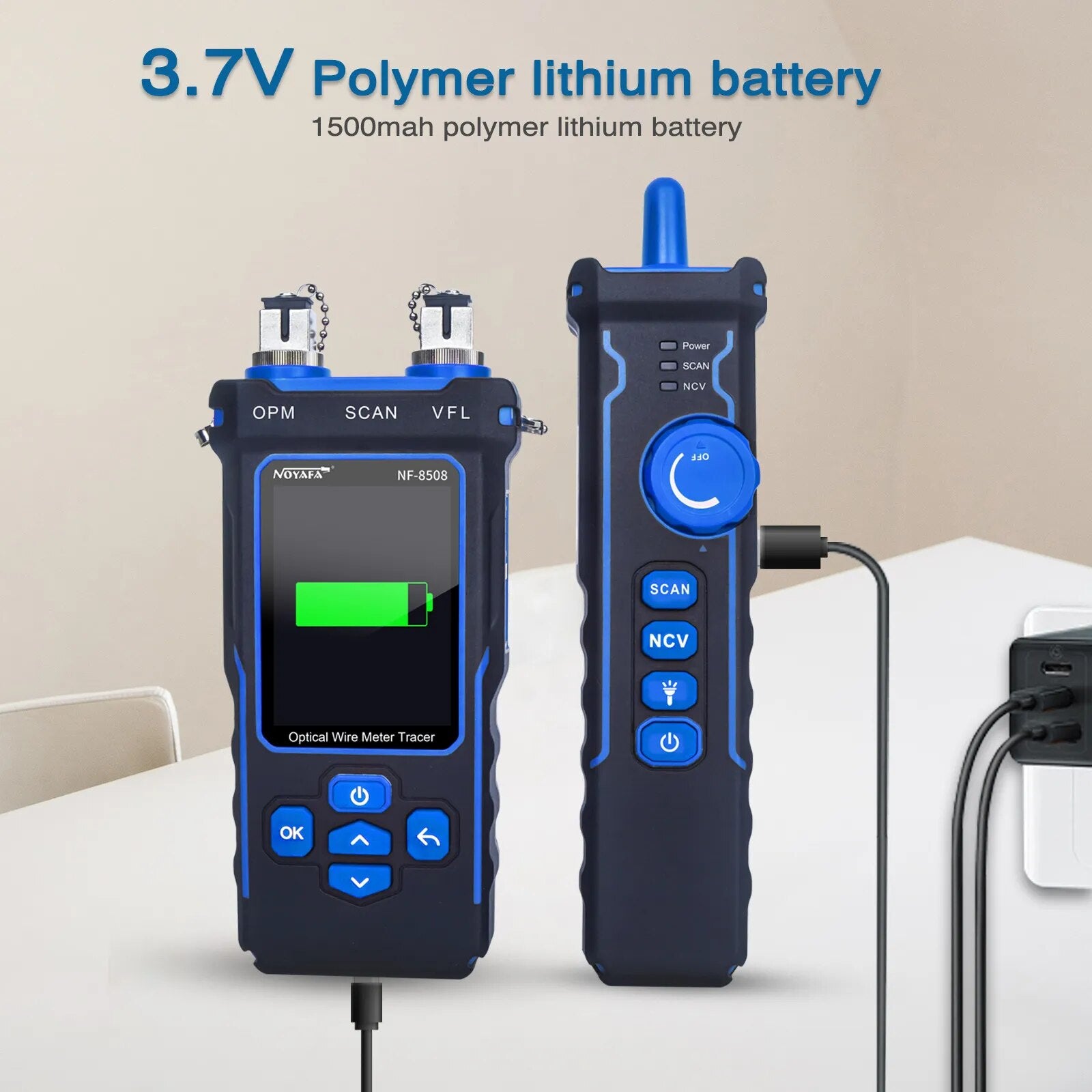 NF-8508 Network Cable Tester with LCD display and various testing functions, including PoE and optical power meter capabilities.
