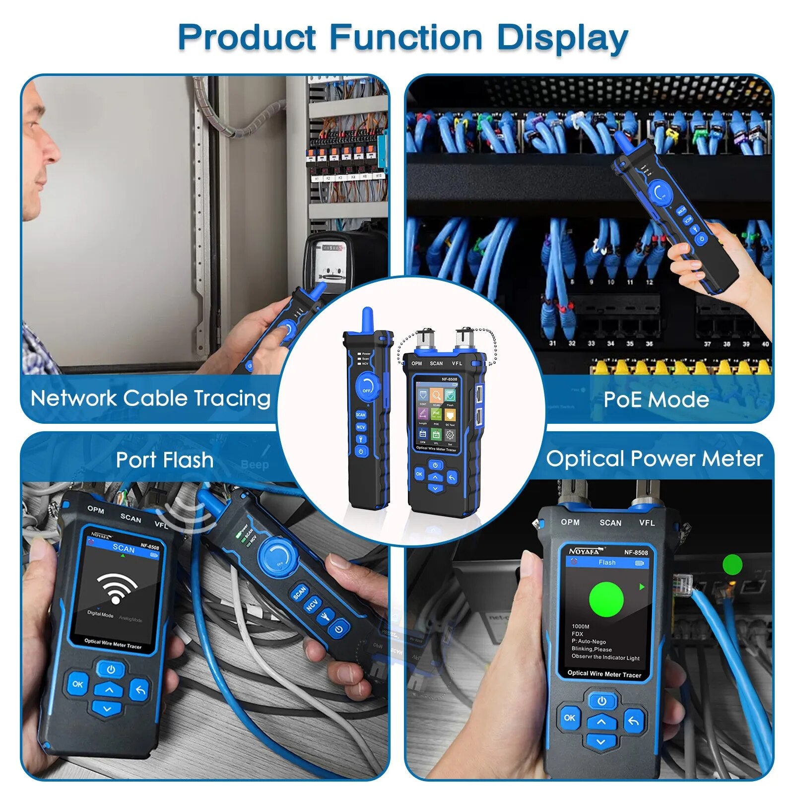 NF-8508 Network Cable Tester with LCD display and various testing functions, including PoE and optical power meter capabilities.