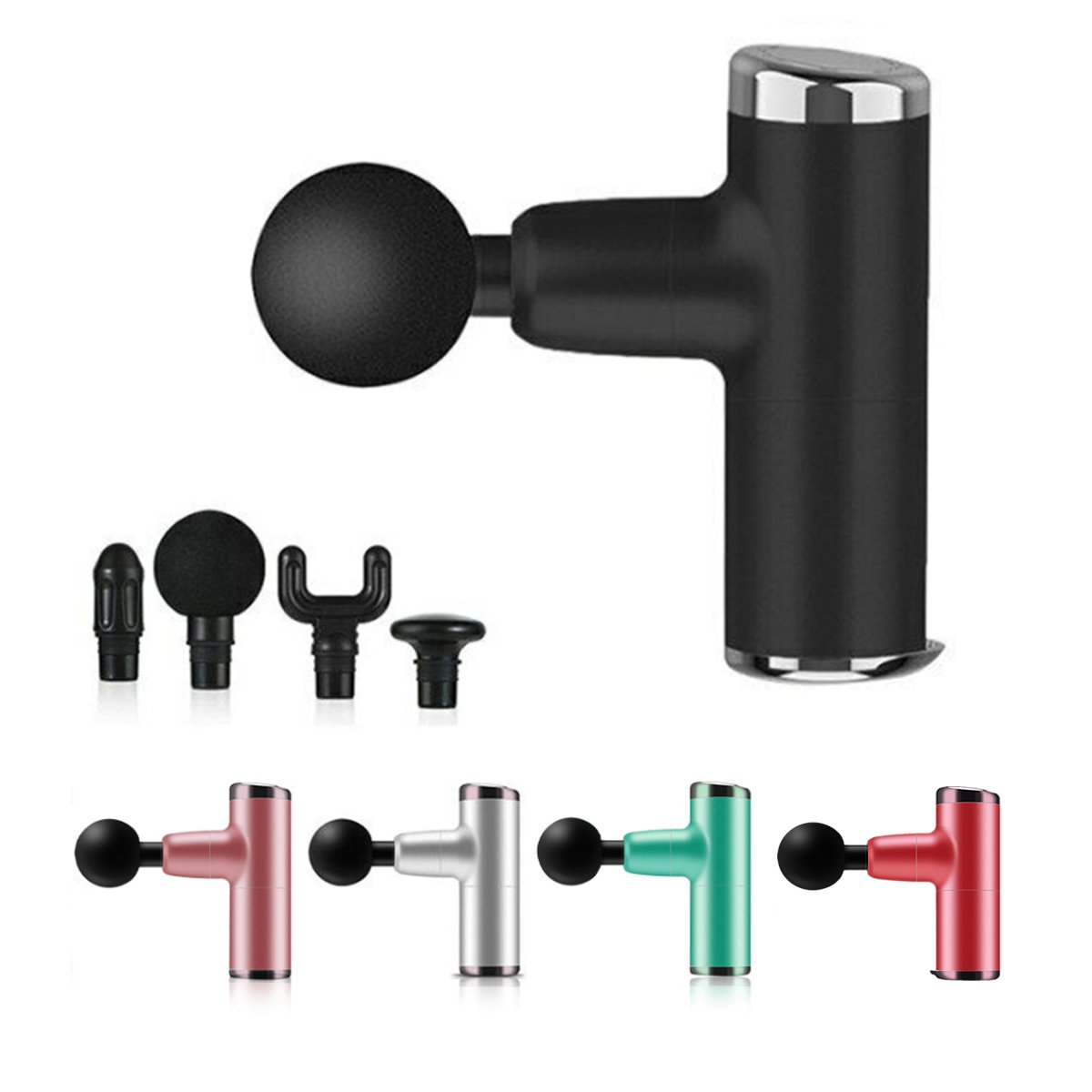 No More Sore Mini Massager and Muscle Toner in various colors, showcasing its compact design and interchangeable heads.