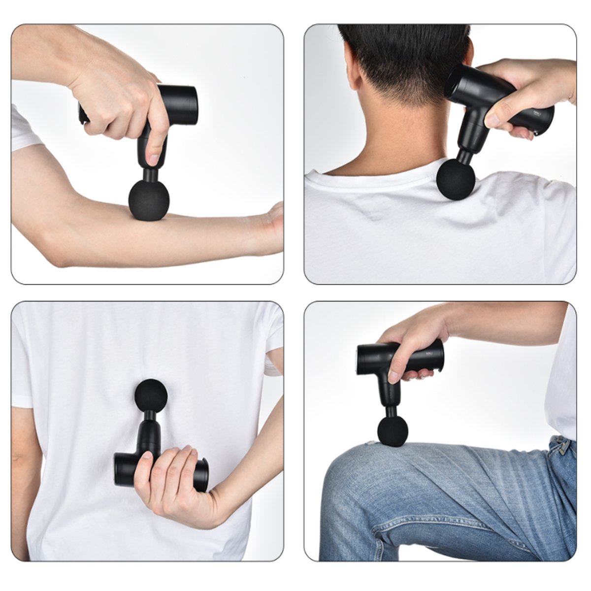 No More Sore Mini Massager and Muscle Toner in various colors, showcasing its compact design and interchangeable heads.