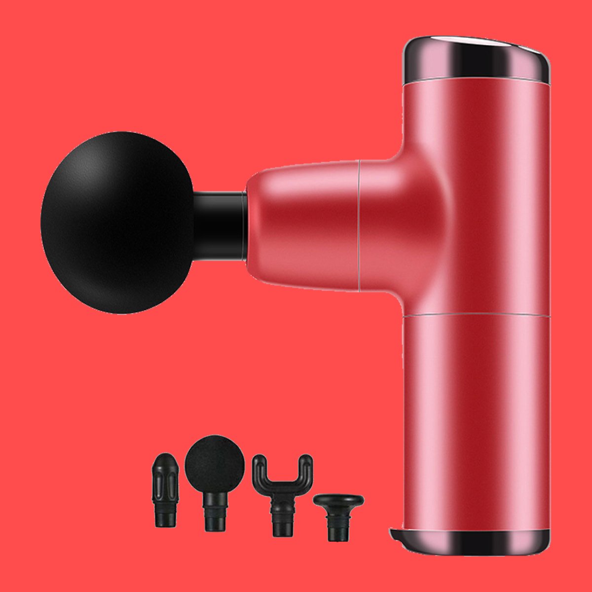 No More Sore Mini Massager and Muscle Toner in various colors, showcasing its compact design and interchangeable heads.