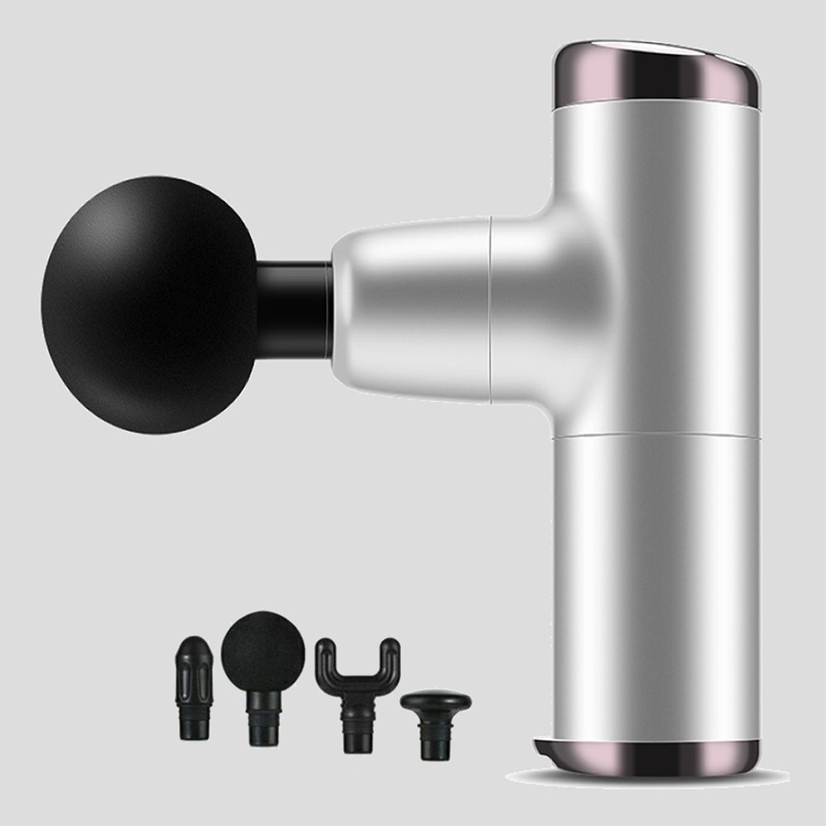 No More Sore Mini Massager and Muscle Toner in various colors, showcasing its compact design and interchangeable heads.