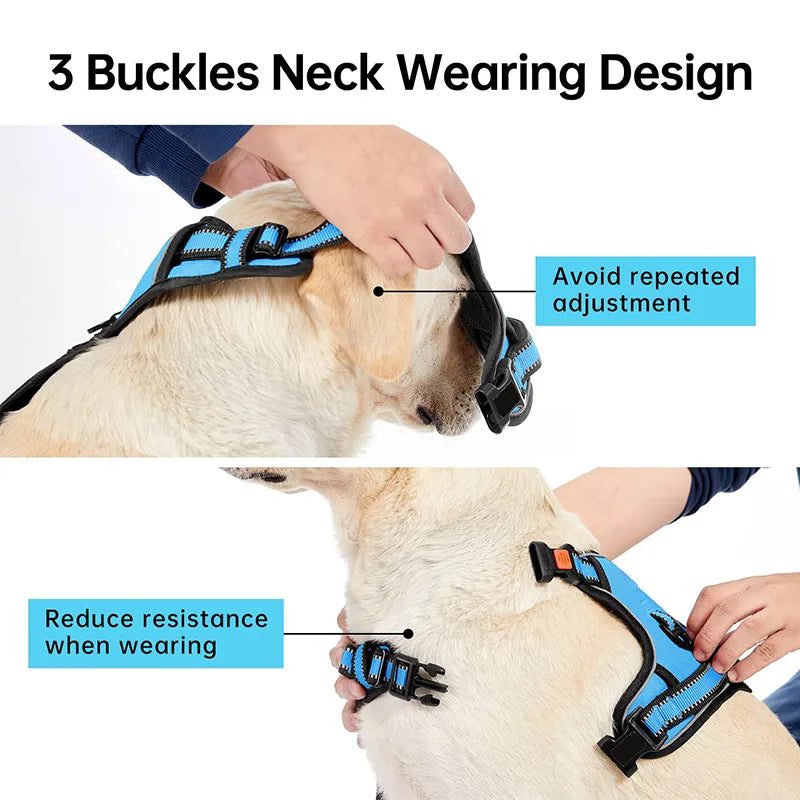 No Pull Dog Harness featuring padded design, reflective strips, and control handle for small to large dogs.