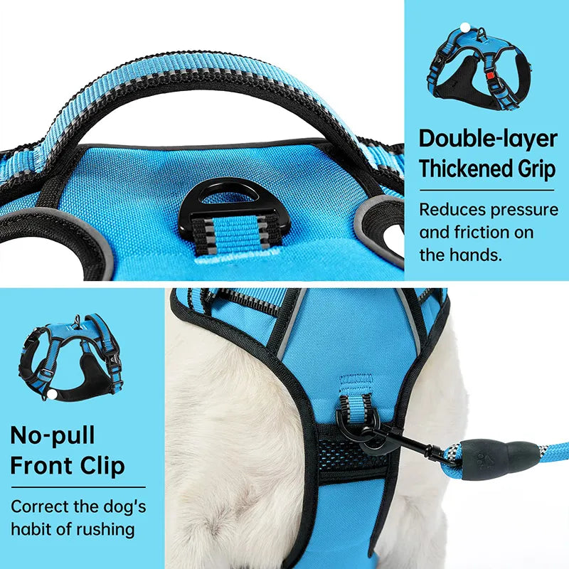 No Pull Dog Harness featuring padded design, reflective strips, and control handle for small to large dogs.