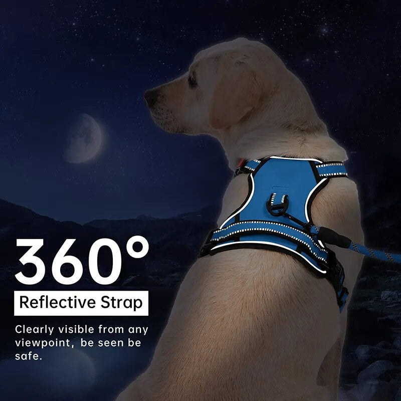 No Pull Dog Harness featuring padded design, reflective strips, and control handle for small to large dogs.