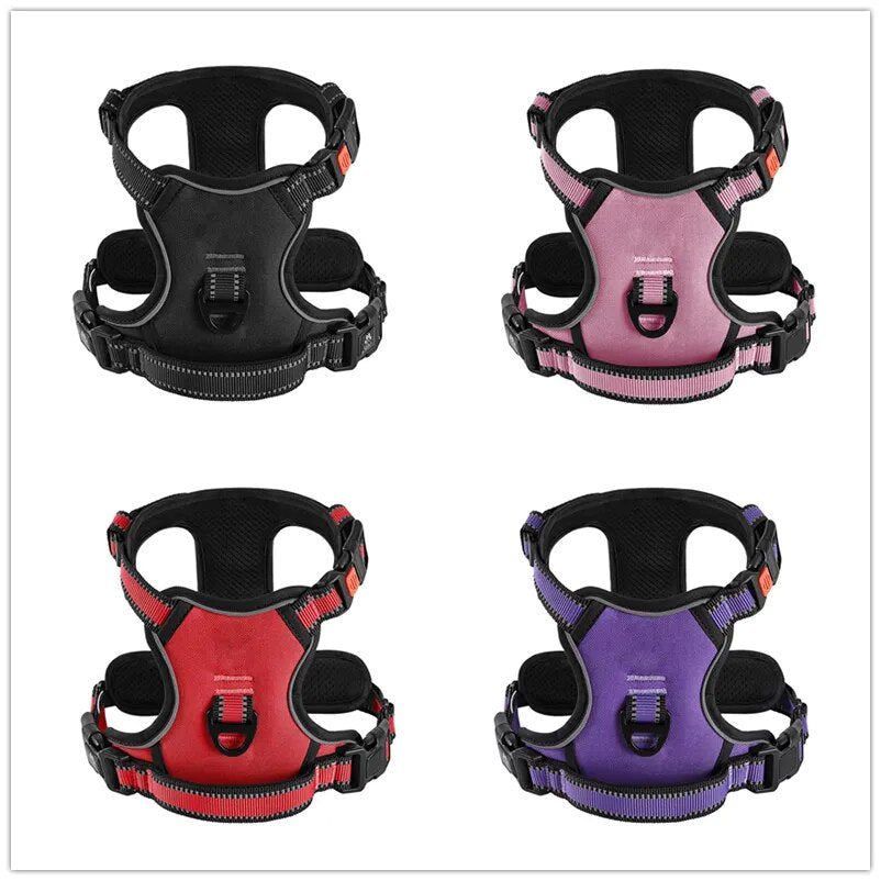 No Pull Dog Harness featuring padded design, reflective strips, and control handle for small to large dogs.