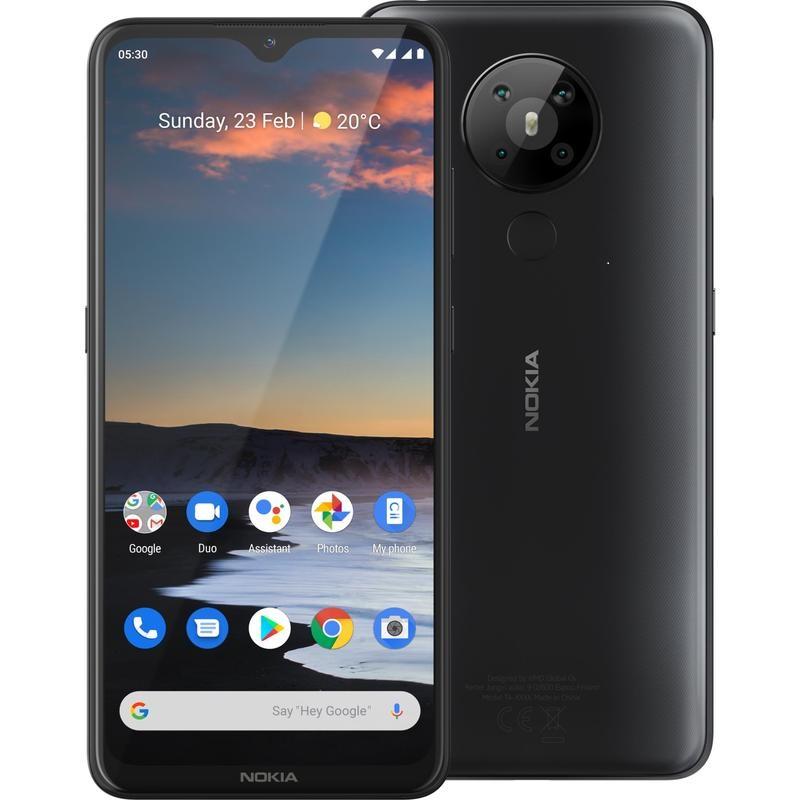 Nokia 5.3 smartphone in charcoal color with a 6.55-inch screen, showcasing its quad-camera setup and sleek design.