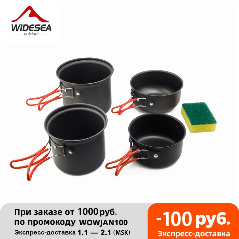 Non-stick pots and pans set for outdoor cooking, featuring aluminum alloy material and a heart-shaped design, ideal for camping and hiking.