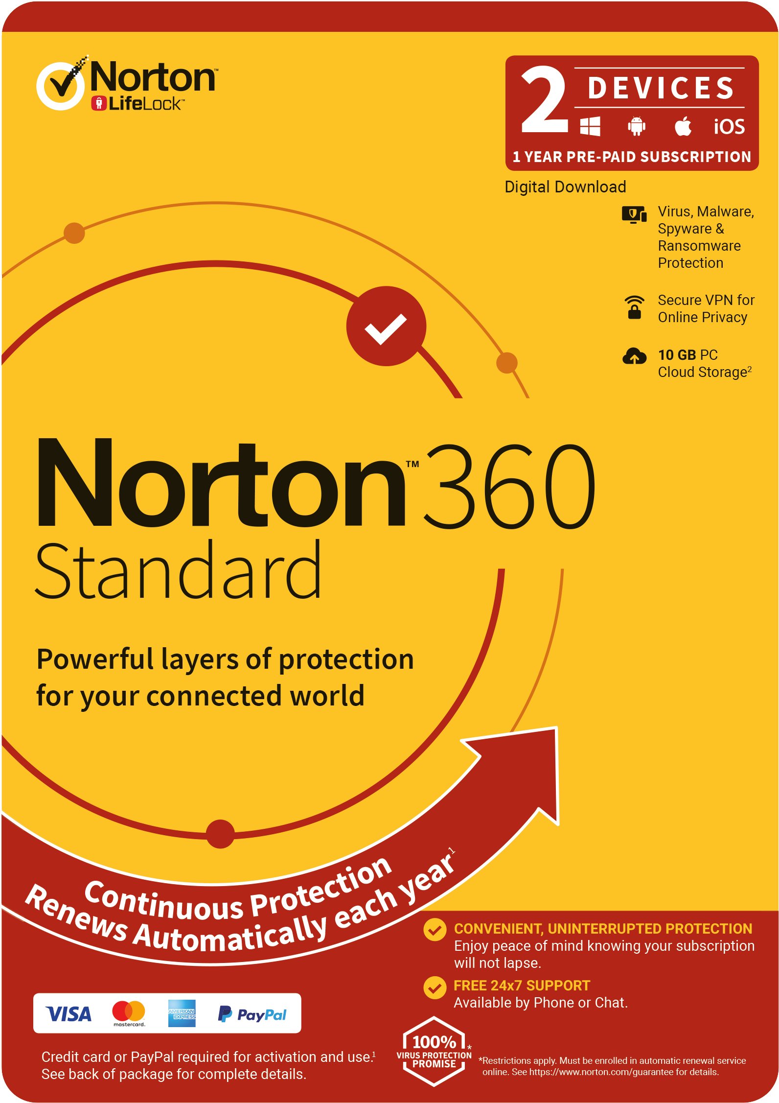 Norton 360 Standard software box showcasing features for PC, Mac, Android, and iOS devices.