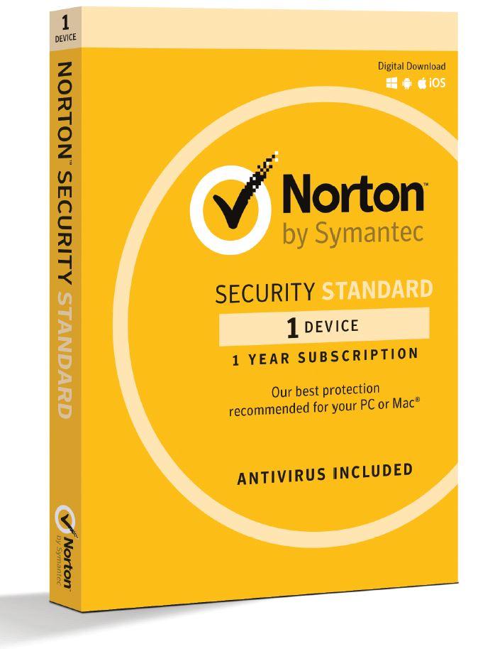 NORTON Security Standard 1 Device Retail Box showcasing the product packaging and branding.