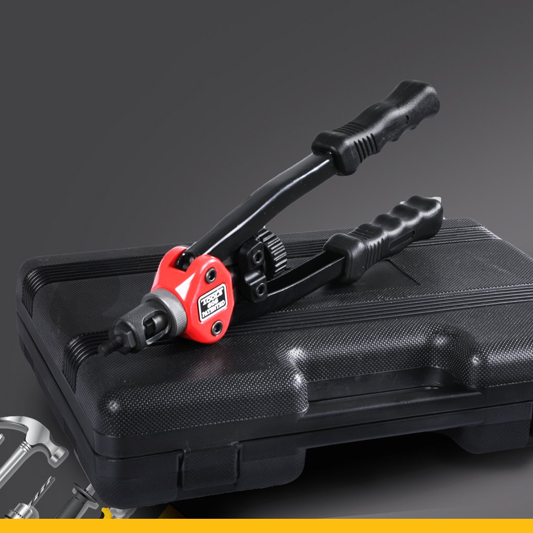 Nut Riveter Kit featuring a heavy-duty riveting gun, ergonomic handle, and compact storage case, ideal for precision riveting tasks.