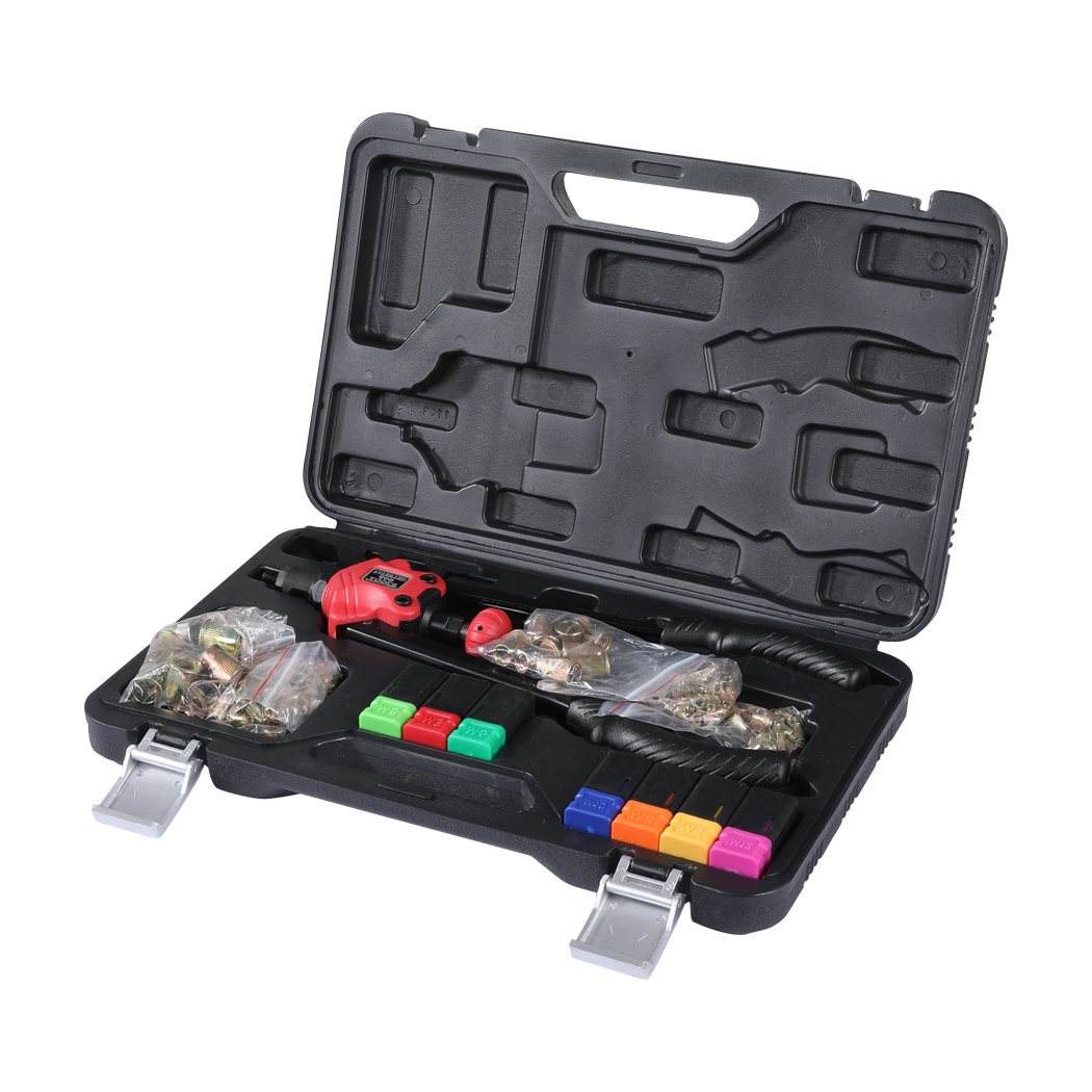 Nut Riveter Kit featuring a heavy-duty riveting gun, ergonomic handle, and portable storage case, designed for precision metal bonding.
