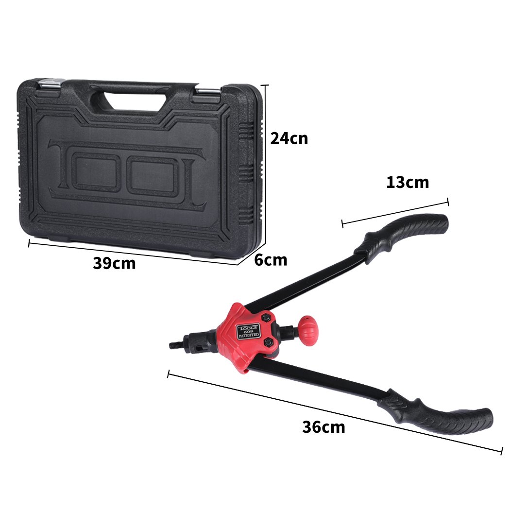 Nut Riveter Kit featuring a heavy-duty riveting gun, ergonomic handle, and portable storage case, designed for precision metal bonding.